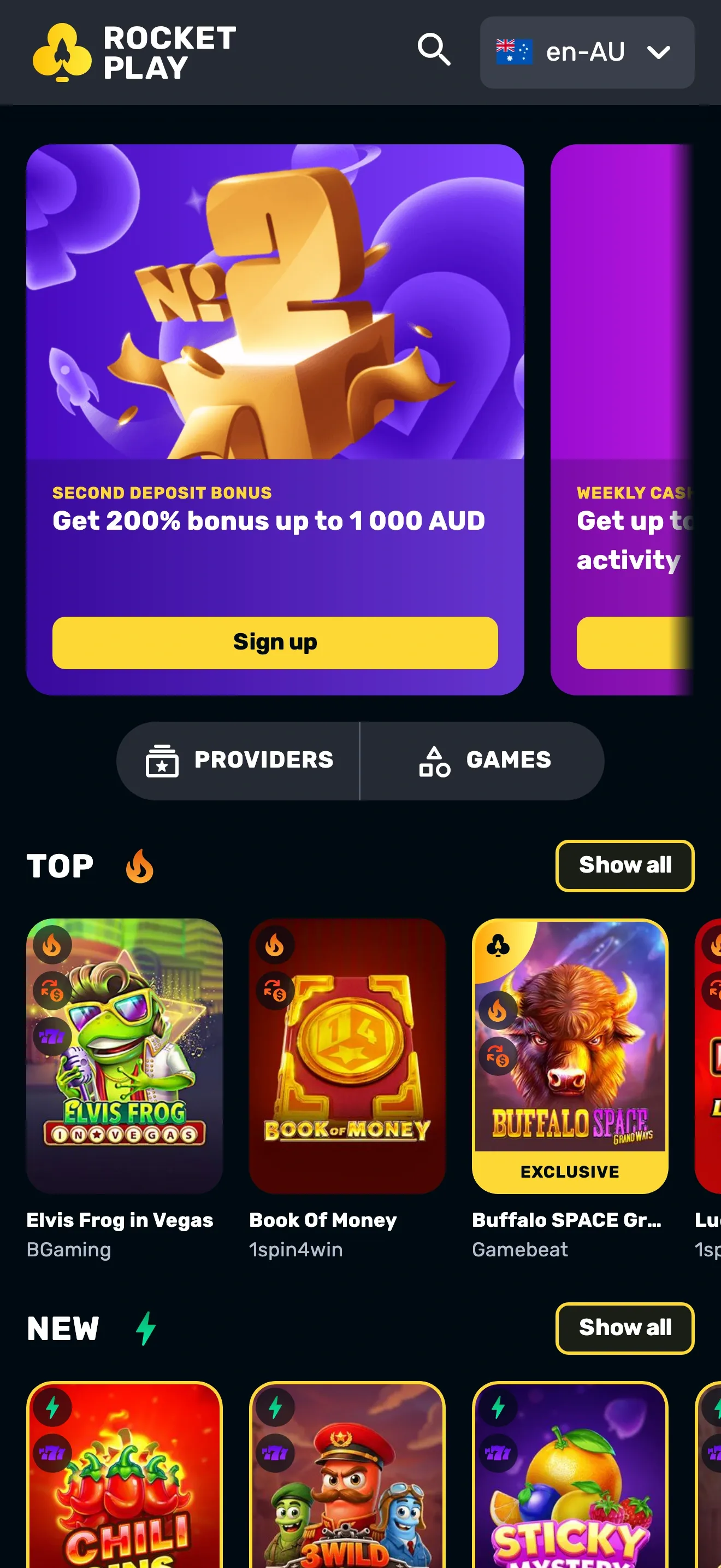 RocketPlay mobile home screen with the first deposit bonus of 100% up to 1,000 AUD + 100 free spins