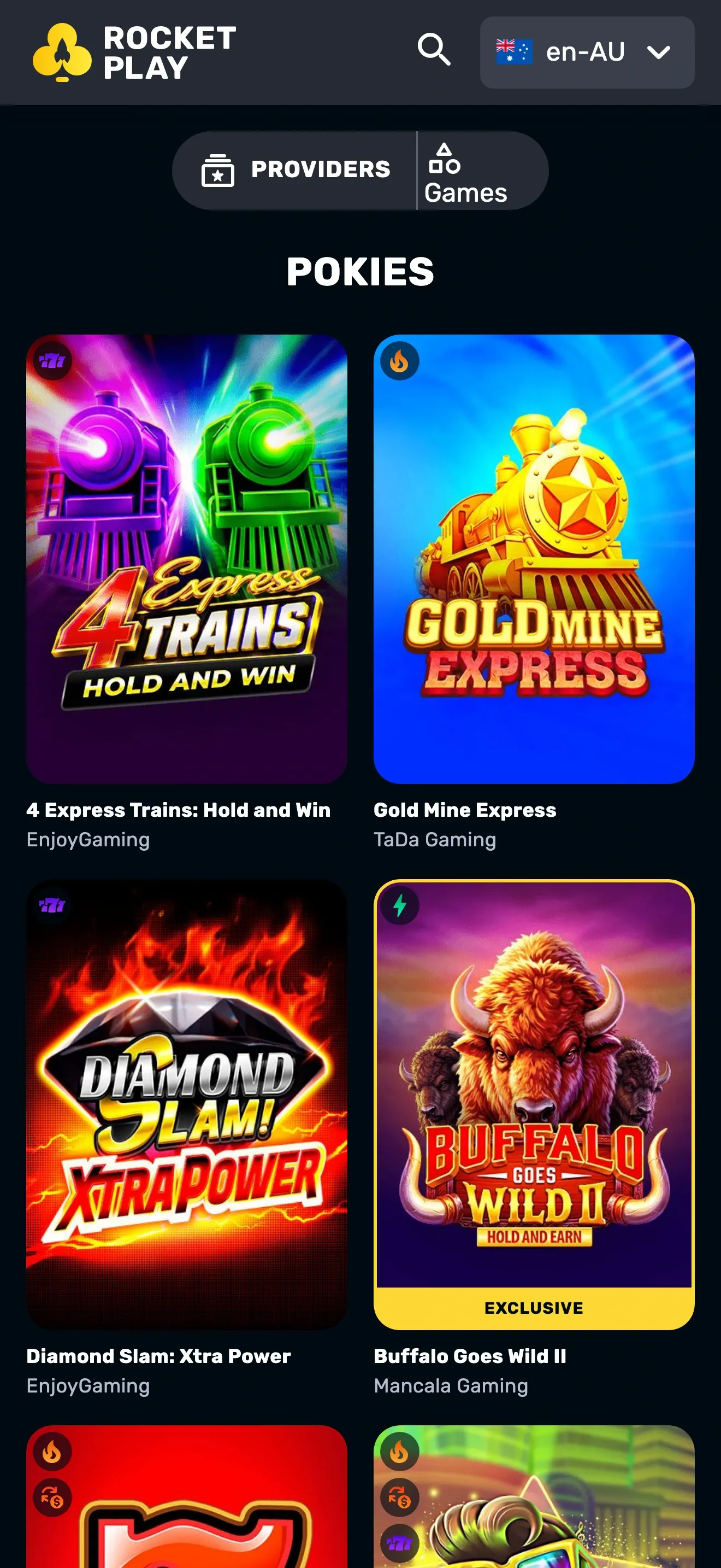 RocketPlay mobile pokies lobby