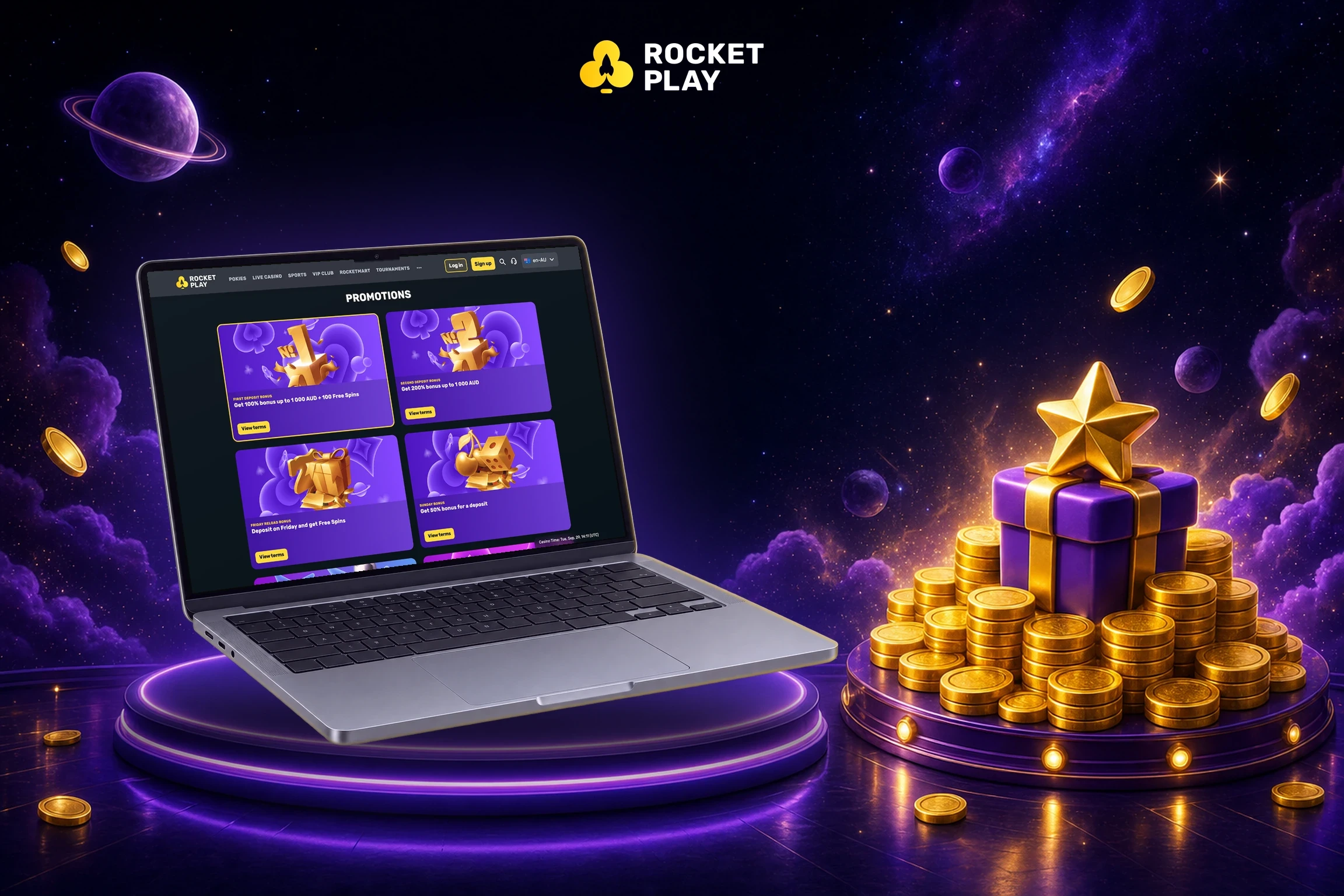 RocketPlay promotions page on a MacBook next to a pile of gold coins