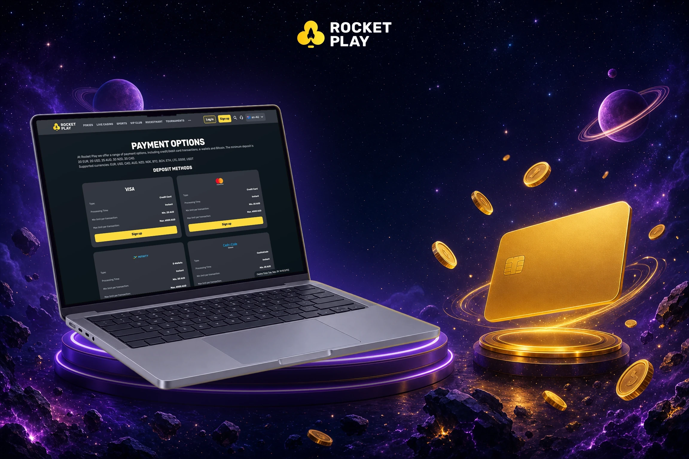 RocketPlay payment options on a MacBook next to a gold bank card