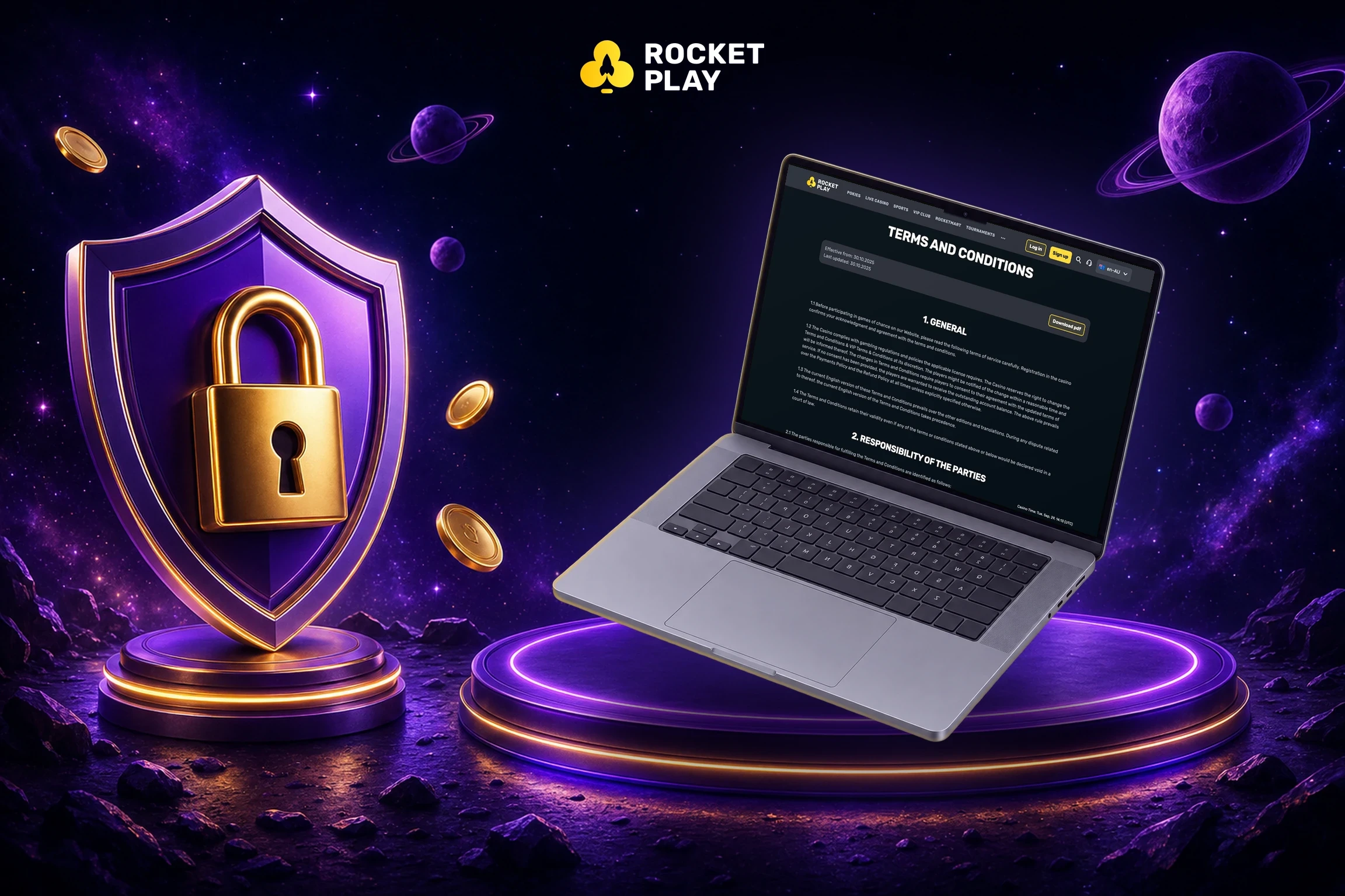 RocketPlay Terms and Conditions on a MacBook next to a shield with a padlock