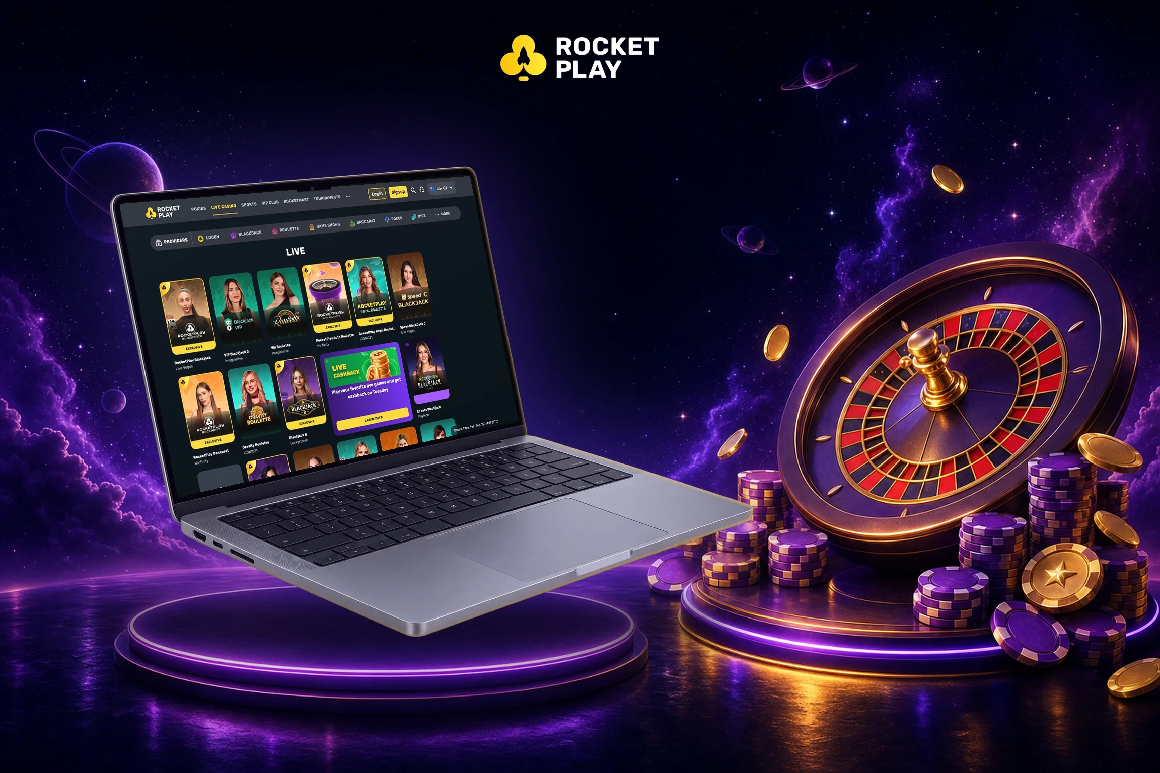 RocketPlay live casino lobby on a MacBook next to a roulette wheel