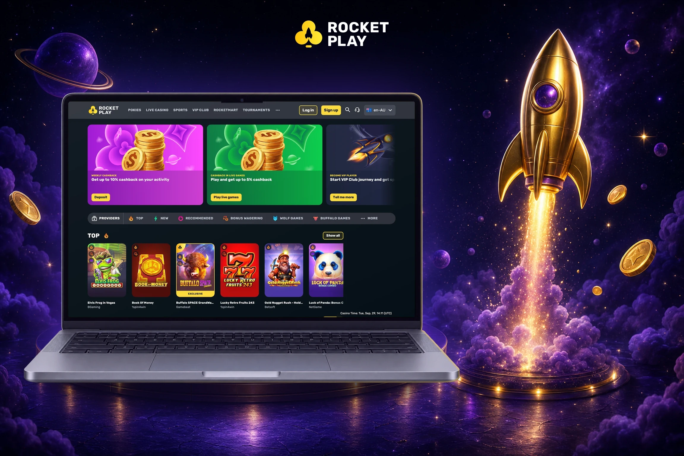 RocketPlay Australia home page on a MacBook with a golden rocket