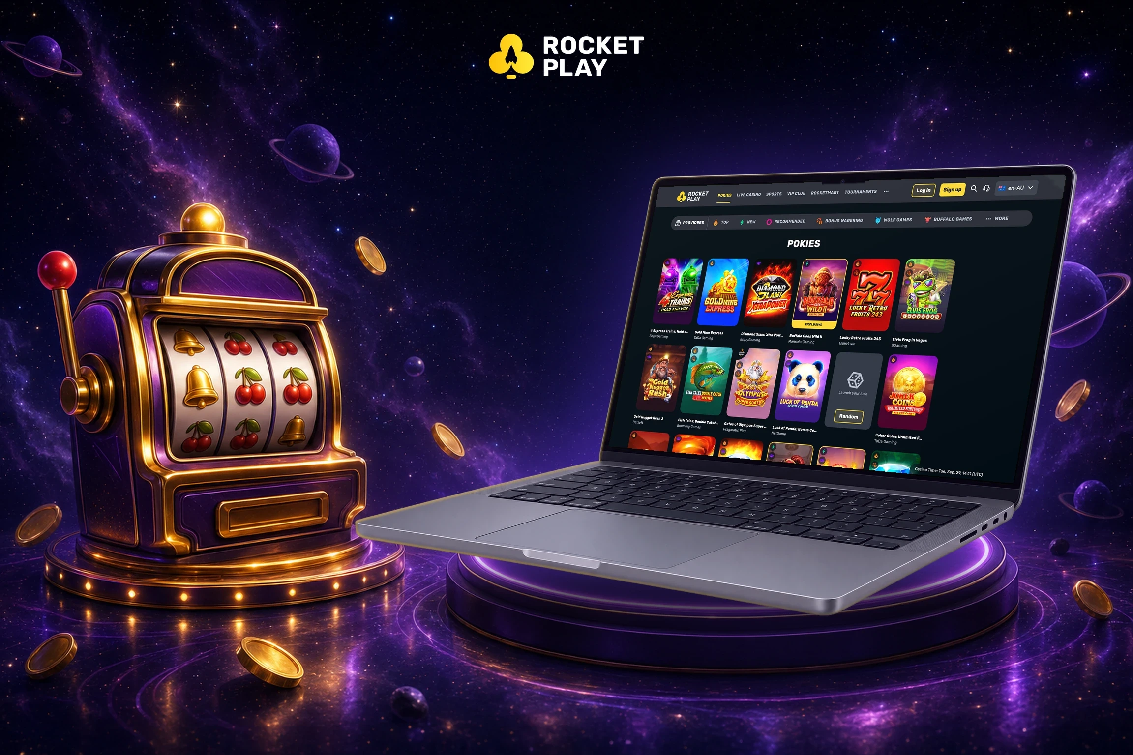 RocketPlay pokies lobby on a MacBook next to a slot machine