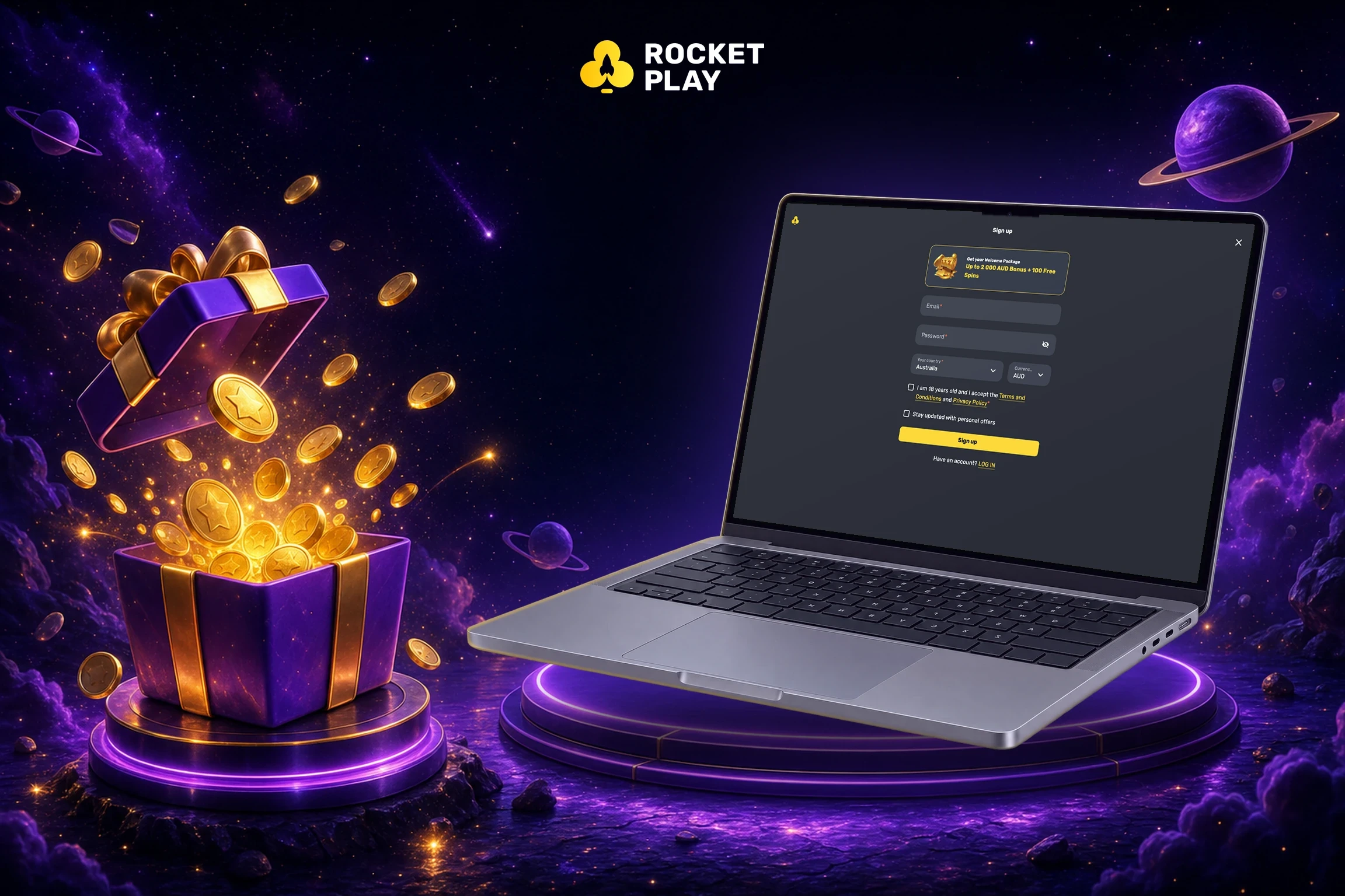 RocketPlay sign-up form with Australia and AUD on a MacBook next to a gift box