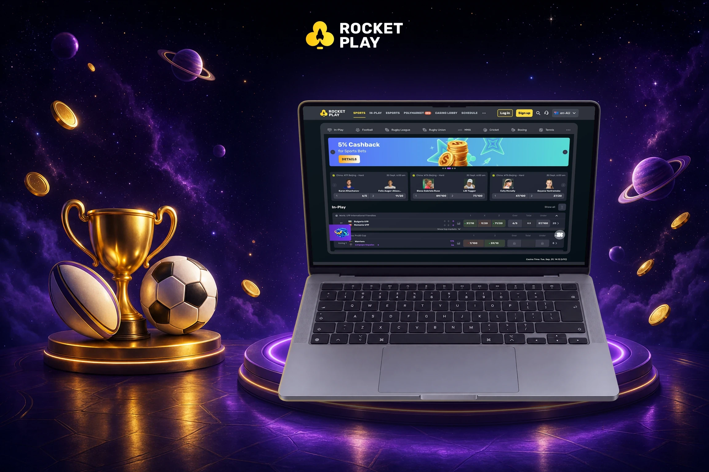 RocketPlay sportsbook on a MacBook next to a football and a trophy