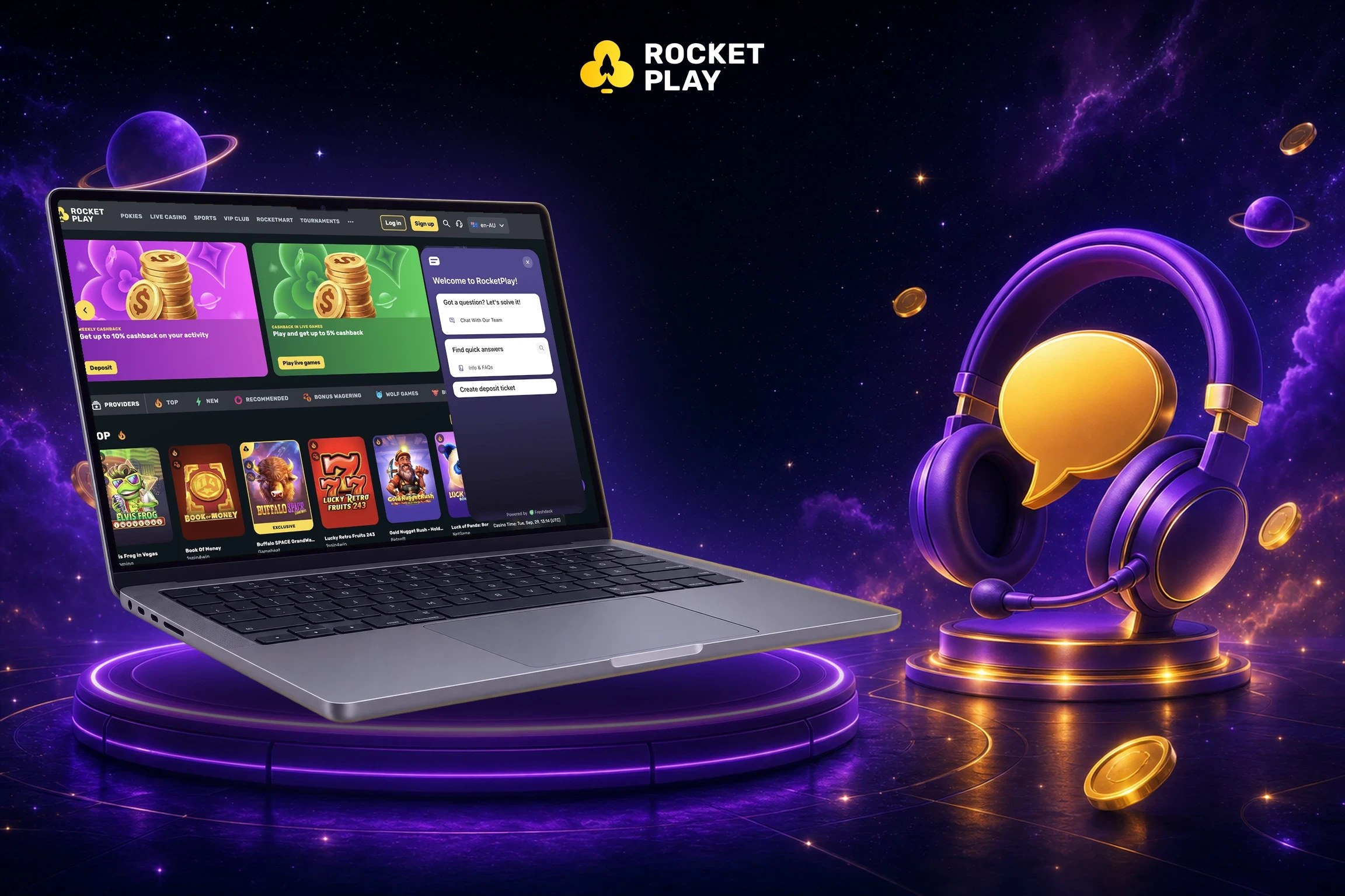 RocketPlay live chat support window on a MacBook next to a headset