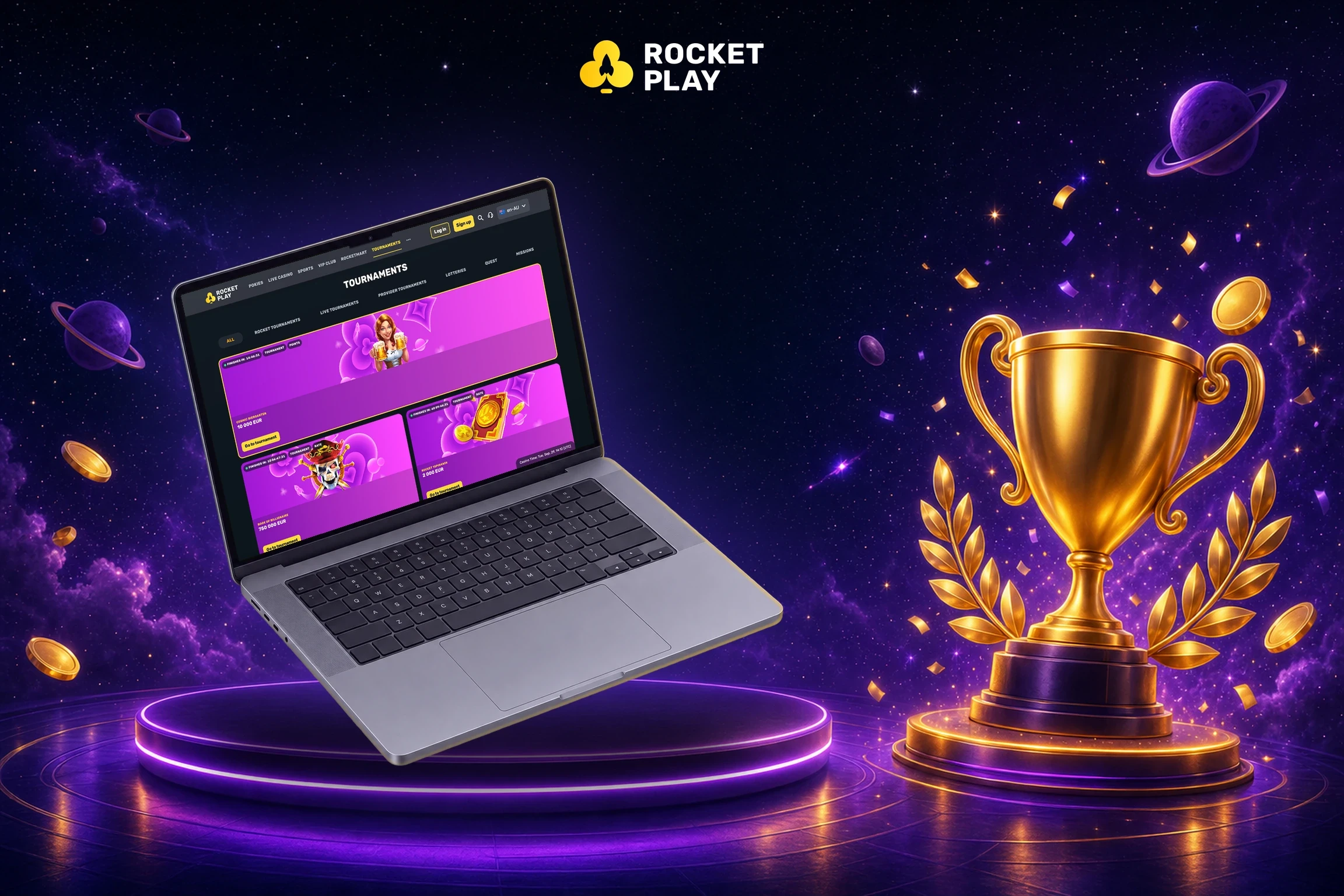 RocketPlay tournaments page on a MacBook next to a golden trophy