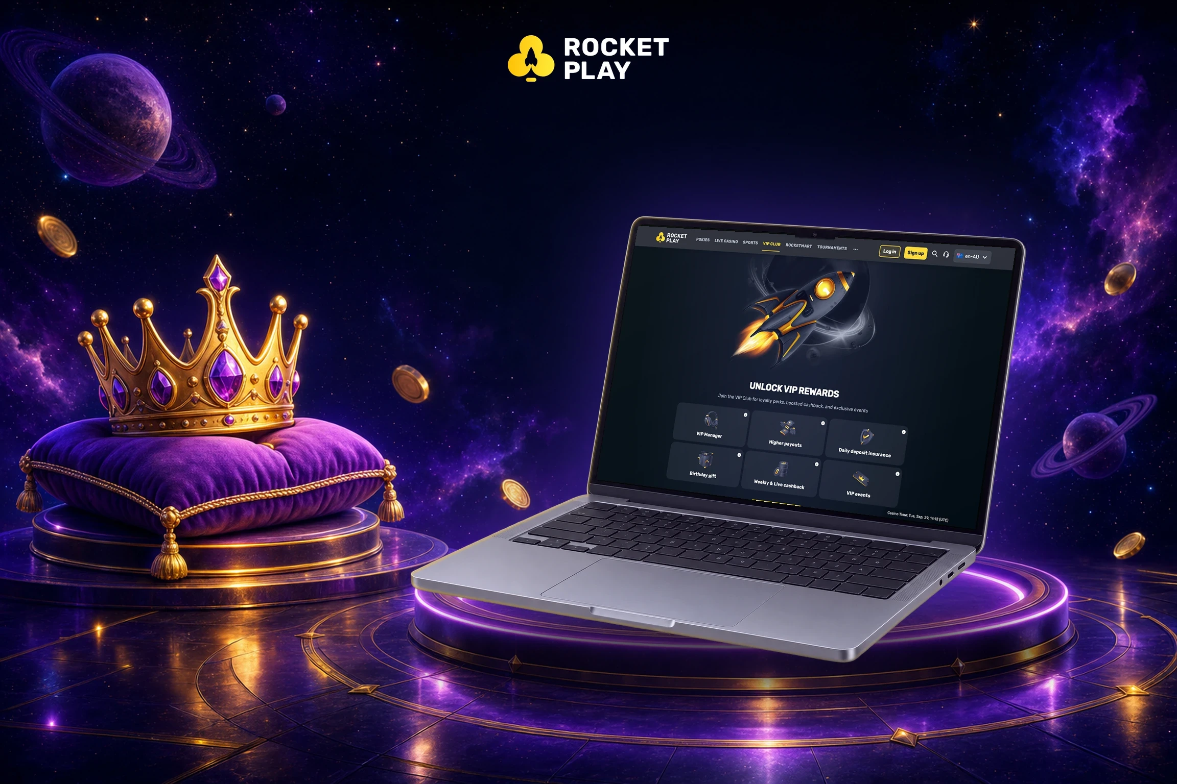 RocketPlay VIP Club page on a MacBook next to a golden crown