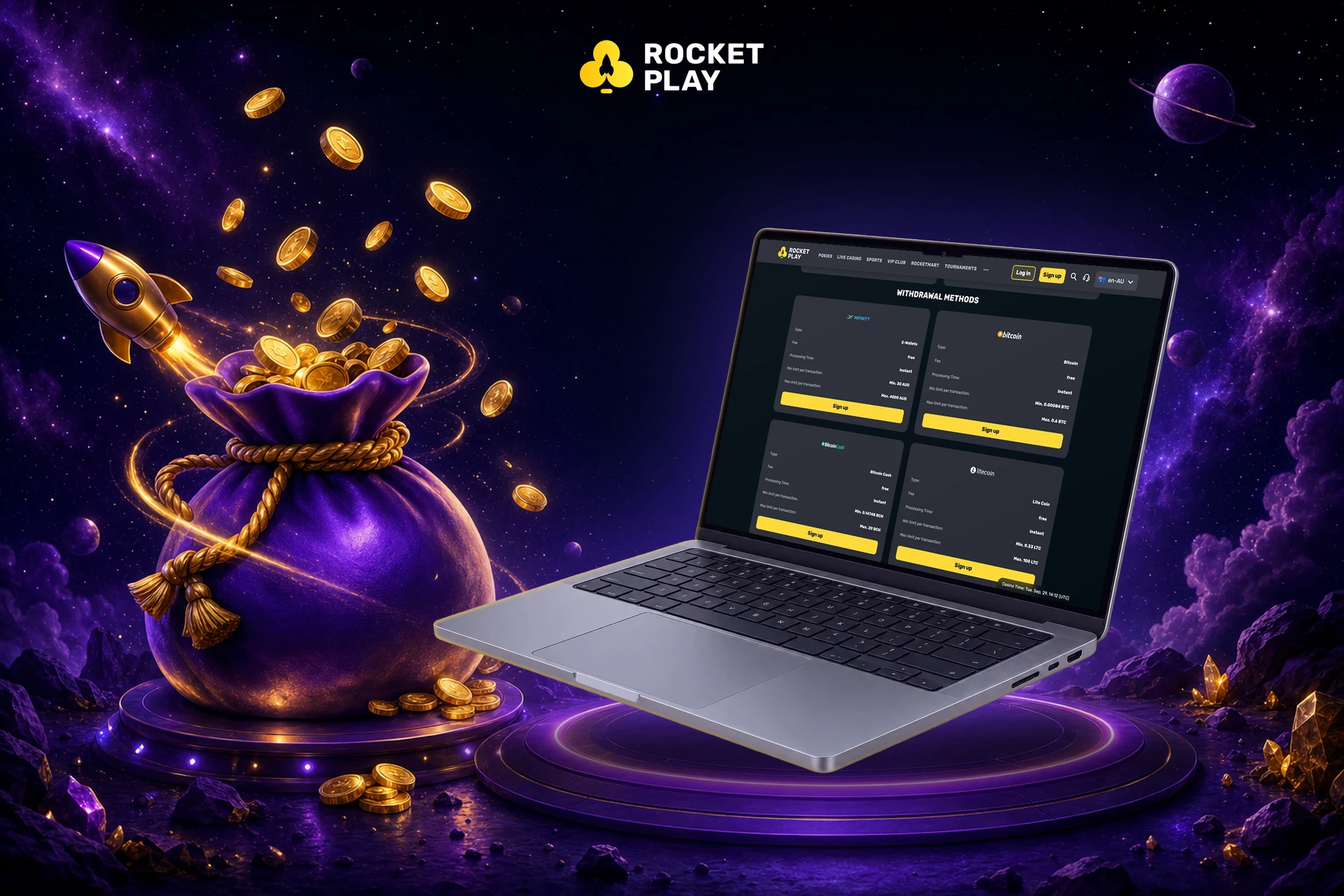 RocketPlay withdrawal methods on a MacBook next to a bag of gold coins